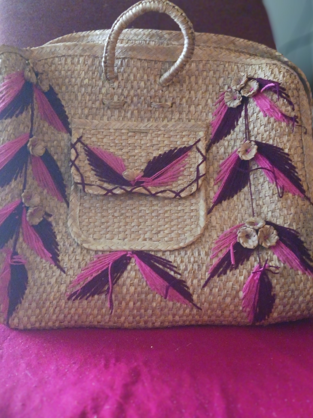 Handwoven Straw Tote with Pink & Purple Embroidery